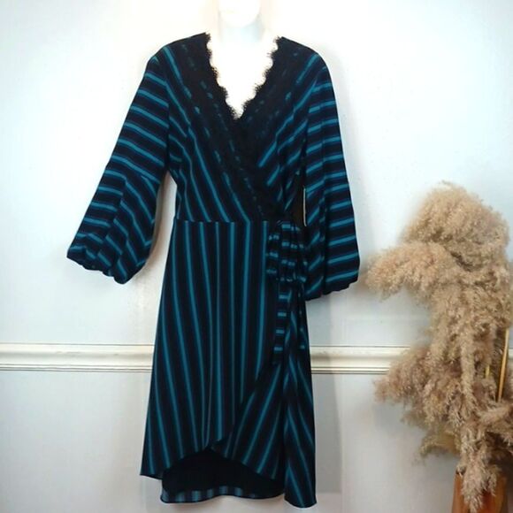 ISAAC MIZRANI Teal / black stripped long-sleeve V-neck Boho wrap midi dress L - Picture 1 of 14